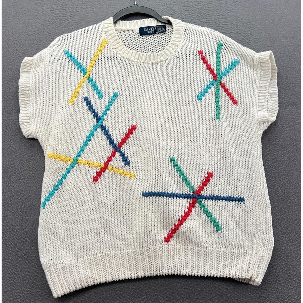 Susan Ess Knit Sweater Sz L Vest White Multicolor Embroidered Sleeveless 80s